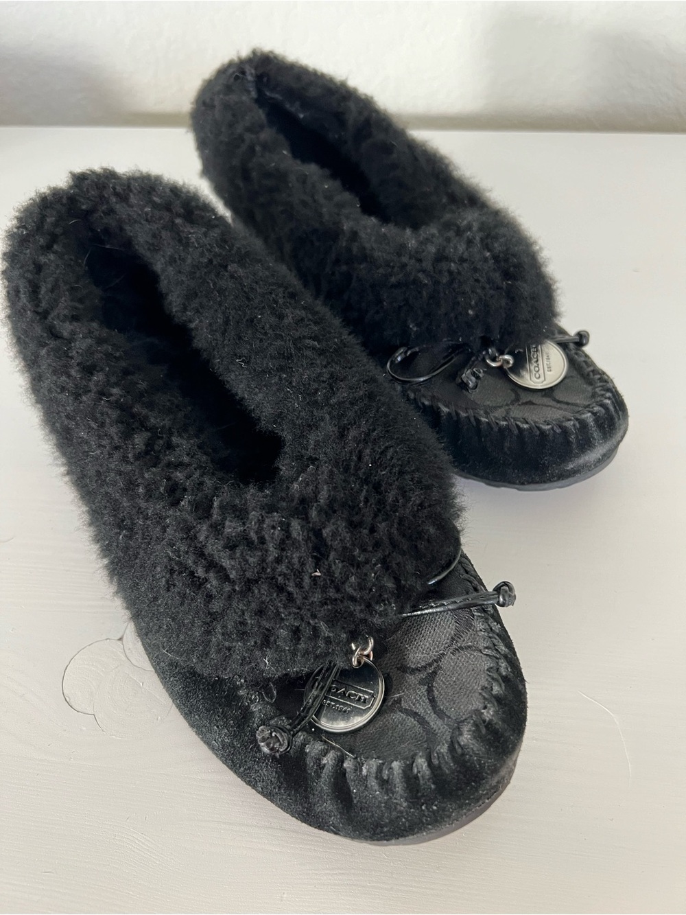 Coach Black Shearling-Trim Moccasin Slippers